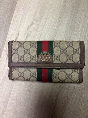 Gucci Beige GG Supreme Canvas Continental Wallet with Web Stripe